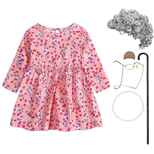 FYMNSI Kostüm für alte Dame für Kinder, Mädchen, 100 Schultage, Cosplay, langärmelig, Blumenkleid mit Oma, Brille, Perücke, Halskette, Oma-Stange, 7-teiliges Set, pink floral, 3-4 Jahre FYMNSI Kostüm für alte Dame für Kinder, Mädchen, 100 Schultage, Cosplay, langärmelig, Blumenkleid mit Oma, Brille, Perücke, Halskette, Oma-Stange, 7-teiliges Set, pink floral, 3-4 Jahre von FYMNSI