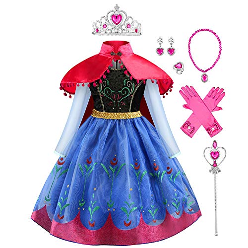 FYMNSI Mädchen Anna Kostüm Eiskönigin Kleid mit Umhang Zubehör Set Kinder Schneekönigin Prinzessin Cosplay Karneval Fasching Verkleidung Weihnachten Halloween Festliches Partykleid Blau 2-3 Jahre von FYMNSI