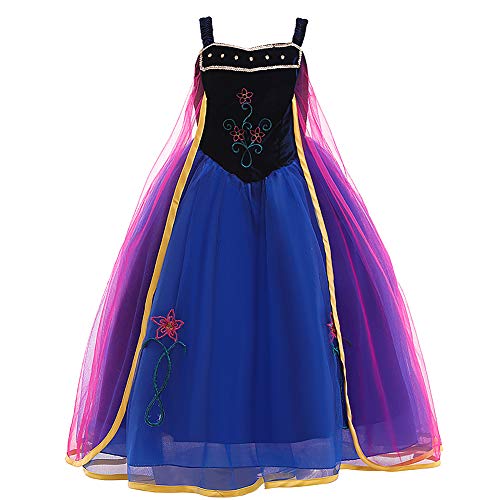 FYMNSI Mädchen Anna Kostüm Kleid Kinder Schneekönigin Prinzessin Cosplay Karneval Fasching Verkleidung Weihnachten Halloween Festliches Partykleid Geburtstagskleid Blau Kleid 3-4 Jahre von FYMNSI