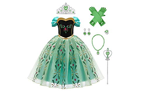 FYMNSI Mädchen Anna Kostüm Kleid mit Zubehör Kinder Halloween Cosplay Eiskönigin Krönung Grün Maxikleid Prinzessin Königin Krönungskleid Karneval Fasching Verkleidung Weihnachten Festkleid 4-5 Jahre von FYMNSI