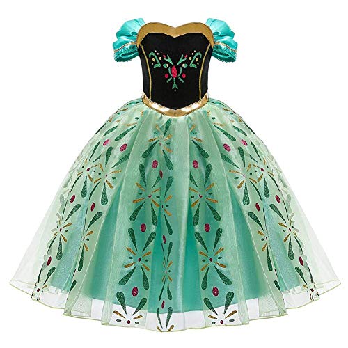 FYMNSI Mädchen Anna Kostüm Kleid Kinder Halloween Cosplay Eiskönigin Krönung Grün Maxikleid Prinzessin Königin Krönungskleid Karneval Fasching Verkleidung Weihnachten Festkleid 3-4 Jahre von FYMNSI