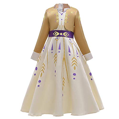 FYMNSI Mädchen Prinzessin Kostüm Kleid Eiskönigin Eisprinzessin Party Cosplay Karneval Fasching Verkleidung Weihnachten Halloween Festliches Geburtstagskleid Langarm Maxikleid Gold 13-14 Jahre von FYMNSI