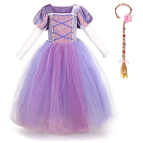 FYMNSI Mädchen Prinzessin Sofia Kostüm Kinder Rapunzel Verkleidung Langarm Tüll Maxikleider Halloween Party Cosplay für 3–8 Jahre, Violett (mit Stirnband), 7-8 Jahre von FYMNSI
