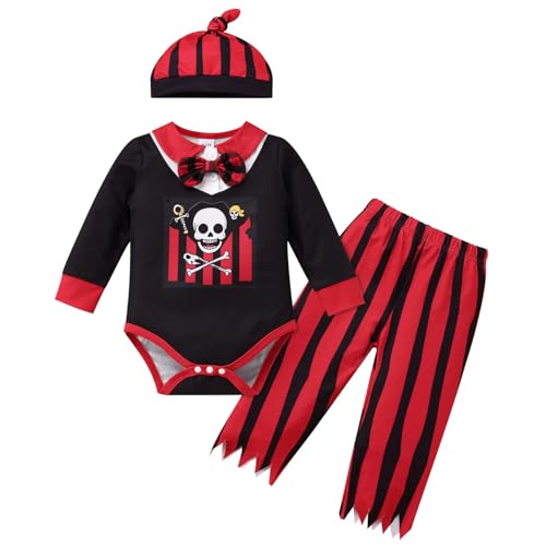 FYMNSI Neugeborenes Baby Jungen Piraten Outfit 1. Halloween Kostüm Teufel Seeräuber Langarm Strampler Body Hose mit Hut 3tlg Set Party Cosplay Fasching Mottoparty Verkleidung Rot 12-18 Monate von FYMNSI