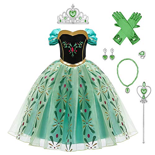 FYMNSI Prinzessin Anna Dress Up für Mädchen Schneekönigin Halloween-Kostüm Verkleidung Weihnachten Geburtstag Party Krönung Kleid 2-10 Jahre, Grünes Kleid mit Accessoires, 3-4 Jahre von FYMNSI