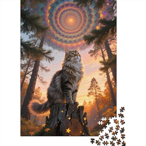 Waldkatze Holz Puzzle 1000 Teile Für Erwachsene - Unmögliches Legespiel, Stressabbau Spielzeug,Zeichentrickfilm Kunst Premium Home Dekoration, 1000pcs (75x50cm) von FYQTCIAN
