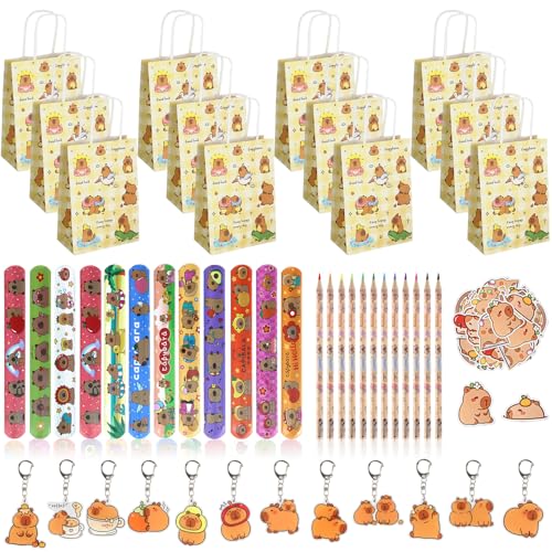 FYSL Capybara Party Mitgebsel Kindergeburtstag Gastgeschenke, Capybara Geschenktüten Kindergeburtstag mit Stiften, Schlüsselanhänger, Armband, Aufklebern (Leuchtendes Gelb, 98) von FYSL