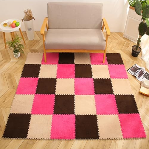 12 Stück Schaumstoffbodenfliesen, Ineinandergreifende Plüschteppichfliesen, Quadratische Puzzle-Spielmatten Für Spielzimmer, Schlafzimmer, Schule, 12 X 12 Zoll(Color:Rose Red+Light Coffee+Coffee) von FYYSJW