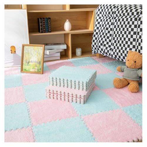 FYYSJW 16 Stück Quadratische Puzzle-Schaumstoff-Bodenmatten, Dicke Ineinandergreifende Teppichfliesen Für Spielzimmer, Plüsch-Bodenspielmatte, 11,8 X 11,8 Zoll(Color:Rosa+ Hellblau) von FYYSJW