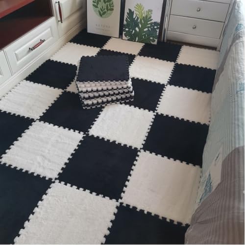 FYYSJW 9pcs Plüsch Puzzle Spielmatten, Dicke Schaumstoff Ineinandergreifende Bodenmatten, Teppich Bereich, Flauschige Teppich Fliesen Quadratisch Waschbar, 12x12 Zoll,Black+White von FYYSJW
