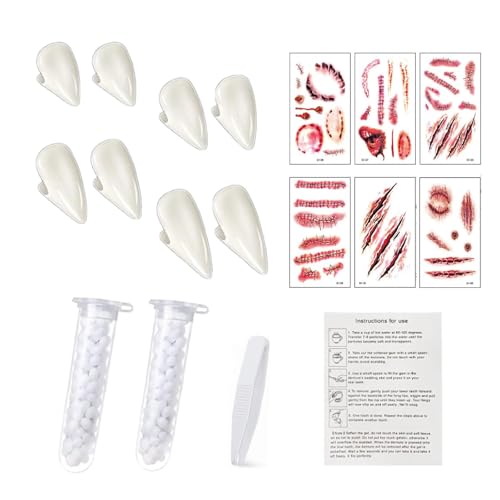 4 Paare Vampir Zähne, Vampir Fangs 4 Größen, Zähne Gefälschte Zahnersatz mit Zahnpastaklebe, 6 Halloween Temporäre Tattoos, mit 2 Tuben Zahngel, für Cosplay Halloween Party Requisiten Vampir Kostüm 4 Paare Vampir Zähne, Vampir Fangs 4 Größen, Zähne Gefälschte Zahnersatz mit Zahnpastaklebe, 6 Halloween Temporäre Tattoos, mit 2 Tuben Zahngel, für Cosplay Halloween Party Requisiten Vampir Kostüm von FYZSJWL