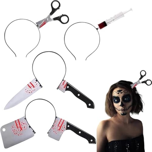 FYZSJWL 4 Stück Halloween Haarreif, Blutige Schere Messer im Kopf haarreif, halloween horror haarreif, Grusel Accessoires Set, Spritze Horror, für Gruselkostüm Zombie von FYZSJWL
