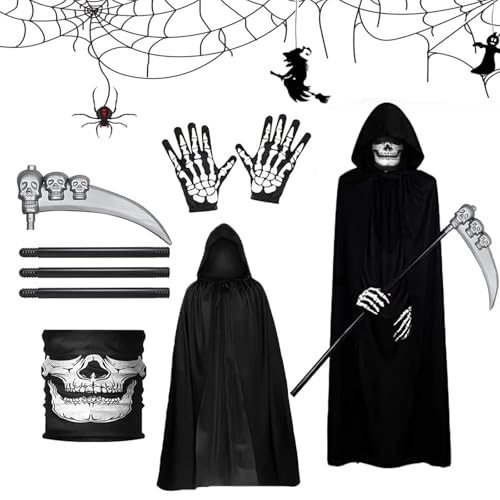 FYZSJWL 4 Teiliges Sensenmann Kostüm,Halloween Kostüm Sensemann,Tod Kostüm Set mit Schädelmaske, Sense, Skelett Handschuhe, Umhang,für Halloween Dekoration Cosplay Karneval FYZSJWL 4 Teiliges Sensenmann Kostüm,Halloween Kostüm Sensemann,Tod Kostüm Set mit Schädelmaske, Sense, Skelett Handschuhe, Umhang,für Halloween Dekoration Cosplay Karneval von FYZSJWL