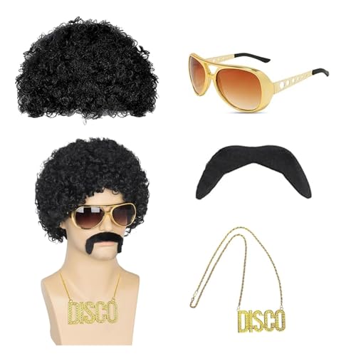 Herren Hippie Perücken Zubehör Set 4 Pcs, Disco Accessories Men, Hippie Kostüm Herren, 70er Jahre Accessoires Disco, Funky Afro Perücke, Sonnenbrille Halskette, für Cosplay Kostüm Thema Party Herren Hippie Perücken Zubehör Set 4 Pcs, Disco Accessories Men, Hippie Kostüm Herren, 70er Jahre Accessoires Disco, Funky Afro Perücke, Sonnenbrille Halskette, für Cosplay Kostüm Thema Party von FYZSJWL