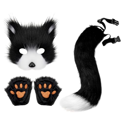 FZQBEY Kunstpelz Fuchs Maske Wolf Katze Fuchs Cosplay Pelzige Katze Fuchs Maske Therian Handschuhe und Fuchsschwanz Karneval Halloween Party Cosplay Kostüm Accessoire Set für Erwachsene Kinder (D) von FZQBEY