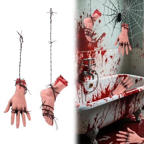 Halloween Deko Blutig Körperteile,Abgetrennte Hände und Füße mit Kunstblut zum Aufhängen,Gruselig Gebrochene Körperteile Hängende für Halloween Deko Innen Outdoor,Spukhaus Requisiten,Partyzubehör (A) von FZQBEY