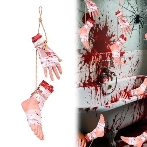 Halloween Deko Blutig Körperteile,Abgetrennte Hände und Füße mit Kunstblut zum Aufhängen,Gruselig Gebrochene Körperteile Hängende für Halloween Deko Innen Outdoor,Spukhaus Requisiten,Partyzubehör (B) von FZQBEY