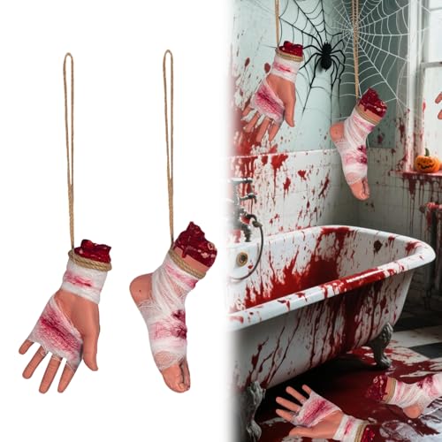 Halloween Deko Blutig Körperteile,Abgetrennte Hände und Füße mit Kunstblut zum Aufhängen,Gruselig Gebrochene Körperteile Hängende für Halloween Deko Innen Outdoor,Spukhaus Requisiten,Partyzubehör (C) von FZQBEY