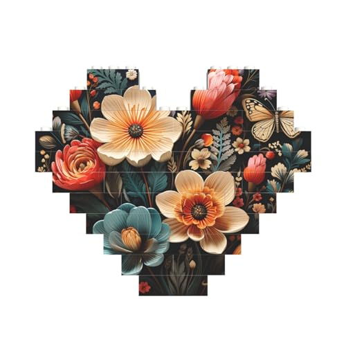 Baustein-Puzzle, Blumenmuster, personalisierbar, Baustein-Puzzles für Erwachsene, Bausteine, Puzzle, 3D-Herzblöcke, Puzzle, Ziegelsteine, für Heimdekoration, Geschenk von FZQVSLCM