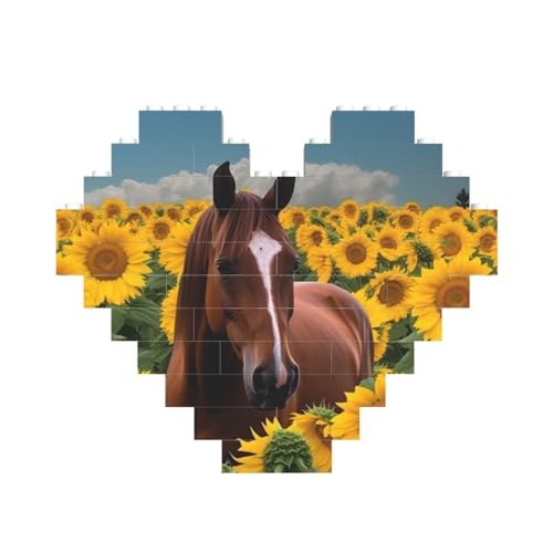 Baustein-Puzzle, Pferd und Sonnenblume, personalisierbar, Baustein-Puzzles für Erwachsene, Bausteine, Puzzle, 3D-Herzblöcke, Puzzle, Ziegelsteine, für Heimdekoration, Geschenk von FZQVSLCM