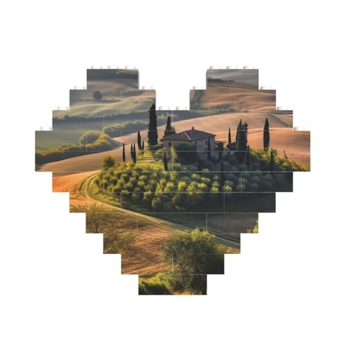 Baustein-Puzzle, Toskana-Landschaft, Baum, Landschaft, Bauernhof, personalisierte Ziegelstein-Puzzles für Erwachsene, Bausteine, Puzzle, 3D-Herzblöcke, Puzzle, Ziegelsteine, Heimdekoration, Geschenk von FZQVSLCM