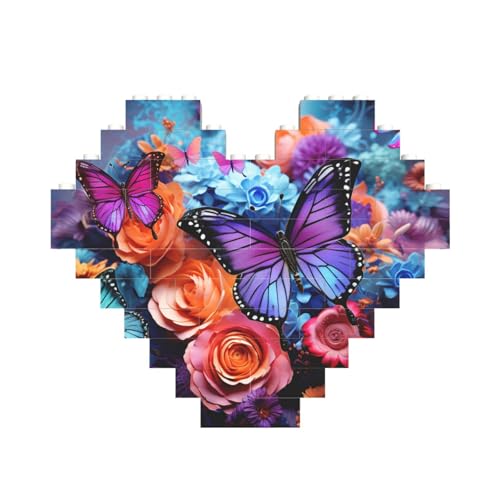 Baustein-Puzzle, bunte Blumen und Schmetterlinge, personalisierte Ziegelstein-Puzzles für Erwachsene, Bausteine, Puzzle, 3D-Herzblöcke, Puzzle, Ziegelsteine, Heimdekoration, Geschenk von FZQVSLCM