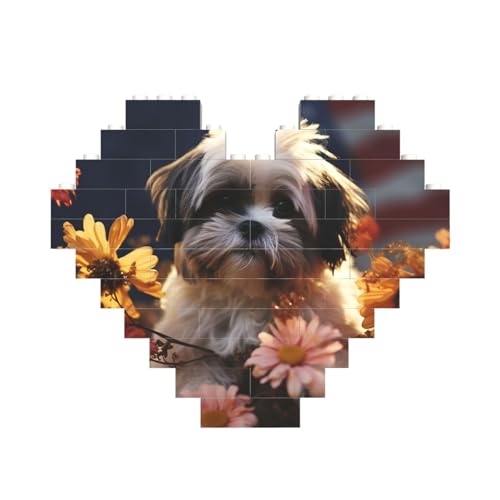 Baustein-Puzzle Shih Tzu Hund und Blumen, personalisiertes Ziegelstein-Puzzles für Erwachsene, Bausteine, Puzzle, 3D-Herzblöcke, Puzzle, Ziegelsteine, Heimdekoration, Geschenk von FZQVSLCM