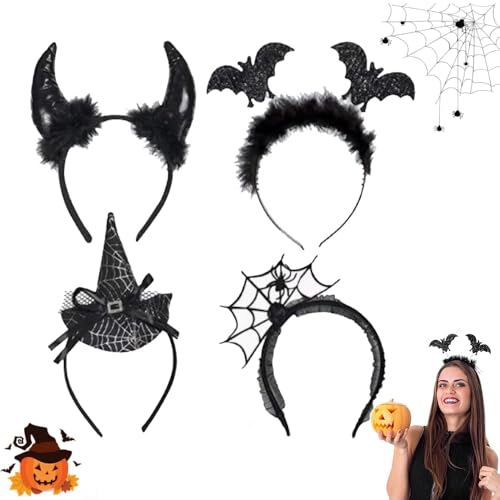 FaJoek Halloween Haarreif Set - 4 Stück Spinnen Netz, Hexenhut, Teufelsohren Haarband - Deko Accessoire für Halloween, Karneval & Fasching von FaJoek