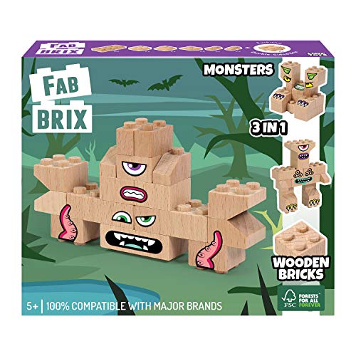 FabBrix Monsters FB-1803 Holzbausteine, Klemmbausteine aus zertifiziertem Buchenholz, 100% kompatibel mit konventionellen Bausteinen von FabBrix