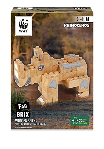 FabBrix WWF Wooden Bricks Rhino Holzbausteine, Klemmbausteine aus zertifiziertem Buchenholz, 100% kompatibel mit konventionellen Bausteinen von FabBrix