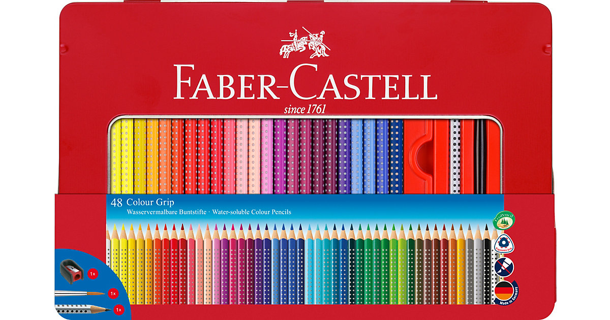 Buntstifte COLOUR GRIP wasservermalbar, 48 Farben & Zubehör, Metalletui von Faber-Castell