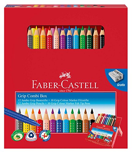 Faber-Castell 110913 - Geschenkbox, mit 12 Jumbo Grip Farbstiften und 10 Colour Marker Filzstiften von Faber-Castell