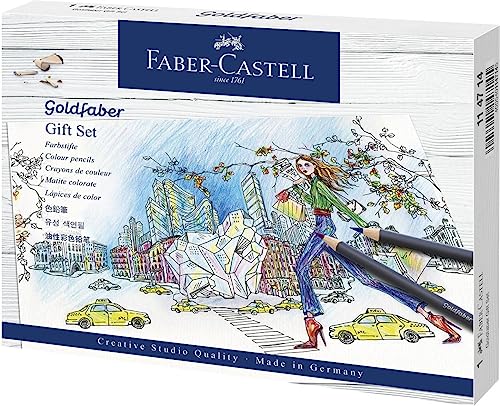 Faber-Castell 114714 - Farbstift Goldfaber Geschenkset, 17 wasserfeste Farbstifte inklusive 2 Bleistifte, Zeichenblock, Spitzer und Radierer von Faber-Castell