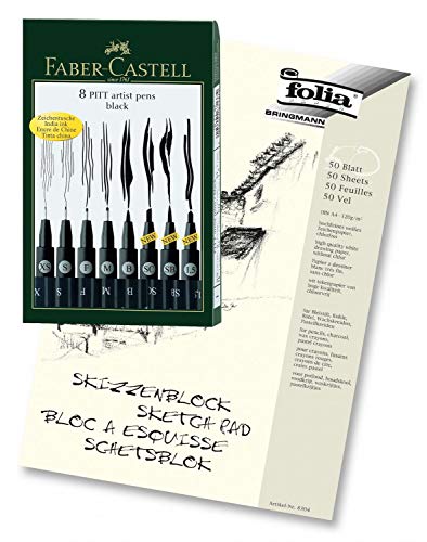 Faber-Castell 167137 - Tuschestift Pitt Artist Pen, 8er Kunststoffetui, schwarz (8er Etui + A4 Skizzenblock) von Faber-Castell