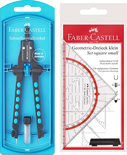 Faber-Castell 174340 - Schnellverstell Zirkel, Factory, blau mit original Geodreieck 14cm (mit Griff) von Faber-Castell