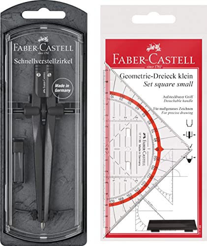 Faber-Castell 174530 - Schnellverstellzirkel Stream, Blackstone mit original Geodreieck 14cm (mit Griff) Geometrie Set von Faber-Castell