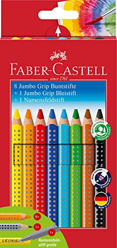 Faber-Castell 280921 - Jumbo Buntstifte Set Grip 8-teilig mit Bleistift und Namensfeldstift von Faber-Castell