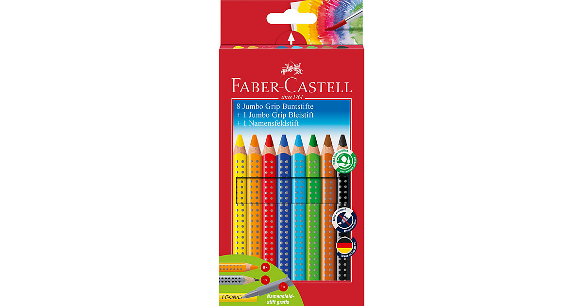 Buntstifte JUMBO GRIP wasservermalbar, 8 Farben, inkl. Bleistift mehrfarbig von Faber-Castell