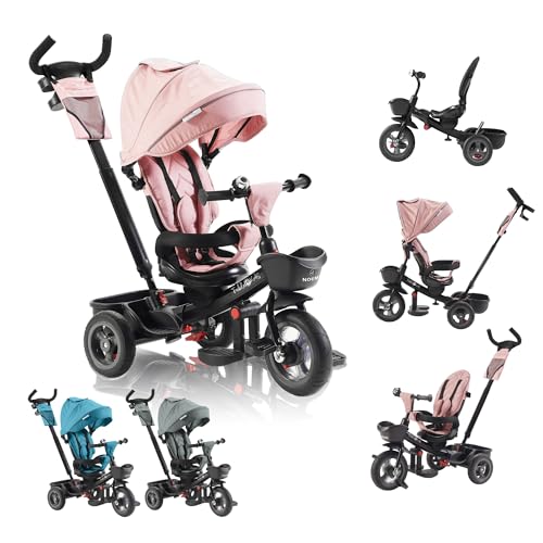 FableKids 5in1 Dreirad Noemi mit Schubstange ab 18 Monate bis 25kg, Vorwärts und Rückwärtsfahrt, PU-Reifen, Freilauf geräumiger, Korb, Tasche, Getränkehalter - Pink von FableKids