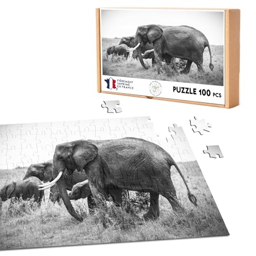 Klassisches Puzzle, 100 Teile, Elefant und Elefant im Busch, Schwarz und Weiß von Fabulous