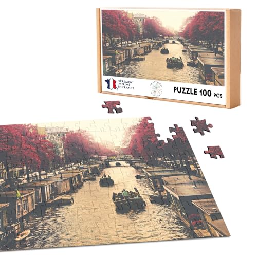 Klassisches Puzzle, 100 Teile, Kanal Amsterdam, Hausboote und schwimmende Häuser im Herbst von Fabulous