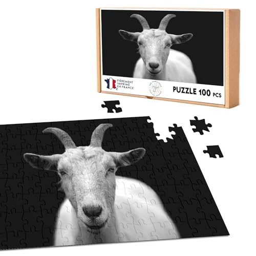 Klassisches Puzzle, 100 Teile, weiße Ziege, Foto, Schwarz und Weiß, Ziege, Tier Natur von Fabulous