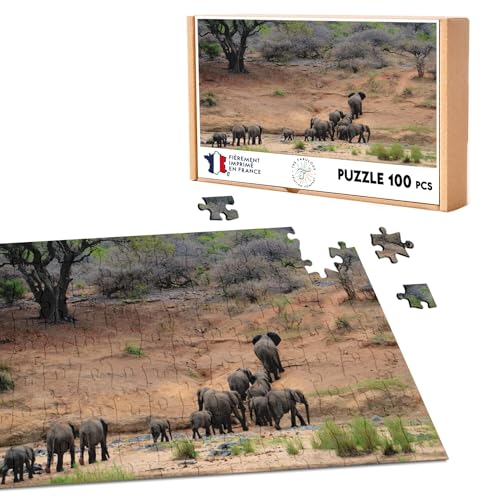 Klassisches Puzzle 100 Teile Afrikanische Elefantenfamilie durch die Savanne Tierleben von Fabulous