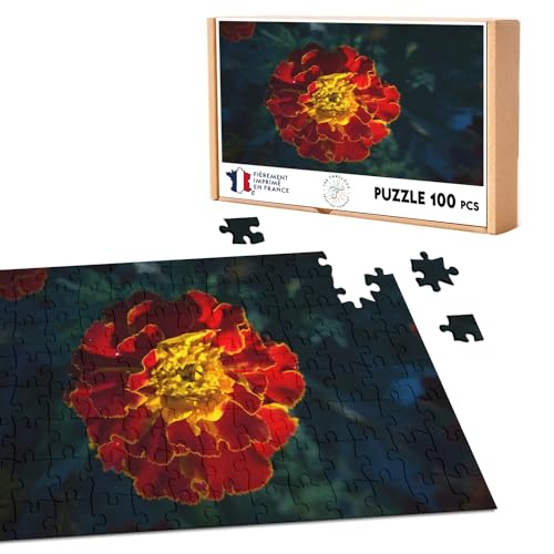 Klassisches Puzzle 100 Teile Blume Rot und Gold Tagete Patula Orion Pflanze Botanik von Fabulous