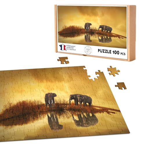 Puzzle Classic 100 Teile Elefanten und ihre Reflexionen Weitwinkel Savanne, Wildtiere von Fabulous