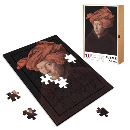 Puzzle aus Holz, 48 Teile, Malerei Van Eyck, Mann im Turban, Rot, Künstlerkunst von Fabulous
