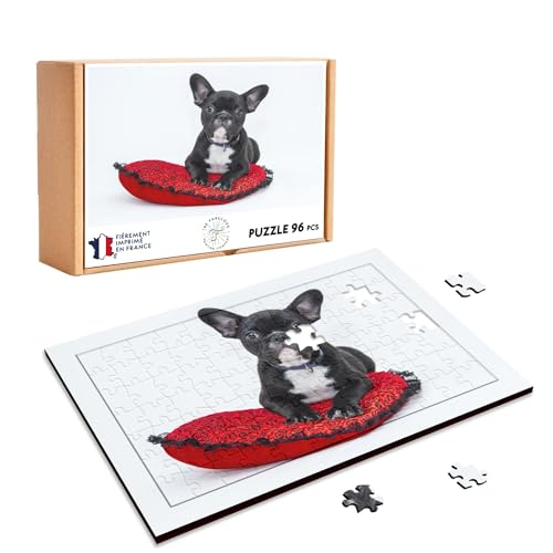 Puzzle aus Holz, 96 Teile, französische Bulldogge, Schwarz und Weiß, kleiner Hund auf Kissen, rot und schwarz, niedliche Tiere von Fabulous