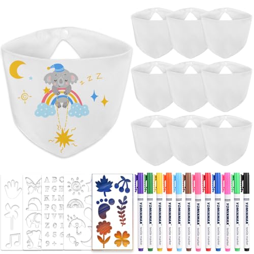 Faburo Baby Lätzchen zum Bemalen, 10 Stück Baby Lätzchen Dreieckstuch Baby Weiß Sabberlätzchen Lätzchen Doppelseitig lätzchen Baumwolle mit 5 Schablonen 12 Bunten Textilstiften für Babyparty von Faburo