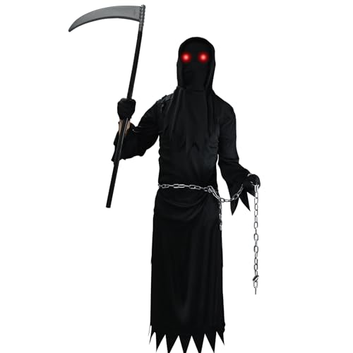 Faburo Kinder Sensenmann Kostüm Glowing Eyes Reaper Costume Child Unisex for Gruselige Phantom Halloween Kostüm, Kinderkostüm Sensenmann mit Leuchtenden Augen für Karneval Halloween Dress Up Party(L) von Faburo