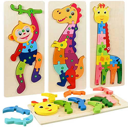 Faburo 4 Stück Holz-Tier- und Zahlen-Puzzle, Puzzle, Montessori Lernspielzeug für Kinder 2-5 Jahre (groß 30 x 12 cm) von Faburo